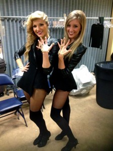 <p>Junior Brittney Schubert (right) poses backstage minutes before the Super Bowl XLVII halftime show. Schubert found the performance opportunity through Just For Kix, the dance company where she teaches. (Courtesy of Brittney Schubert)</p> 