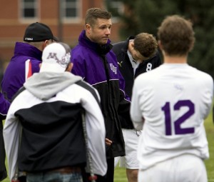 <p>Former St. Thomas men's soccer coach Aaron Macke addresses his players in the first half of a 2009 game. Macke resigned on Friday, Feb. 17, after coaching the men's soccer team for 10 years. (Josh Kleven/TommieMedia)</p>