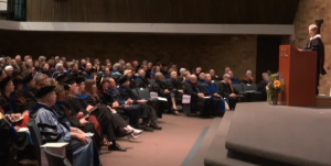 President Julie Sullivan addresses faculty members during her convocation in the fall. Ninety-two faculty and staff members are taking advantage of the university's retirement incentive and will retire this spring. (Eden Checkol/TommieMedia)