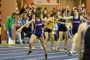 100306_IndoorTrack_JDK007 Six days before winning the national championship, St. Thomas' women's distane-medley relay squad won the MIAC championship. (Josh Kleven/TommieMedia)