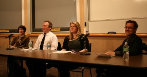 <p>From left to right: Carol Bruess, William Kinney, Sarah Gillaspey and C. Scott Rader answered questions from the audience regarding social media and its implications. (Dan Cook/TommieMedia)</p>