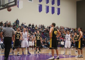 Senior guard Tyler Nicolai holds his follow-through on a free throw in the second half. Nicolai had 16 points for the Tommies. (Nathan Spencer/TommieMedia)