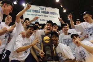 <p>The Tommies celebrate after becoming the 2011 NCAA Division III national champions. (Miles Trump/TommieMedia)</p>