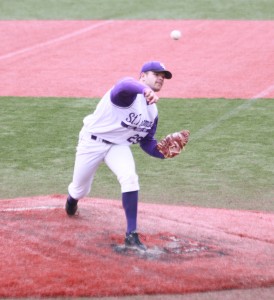 <p>Senior pitcher Kris Edwards ended his Tommie career at the May 20 game against St. Scholastica. Edwards shown here pitched nine-innings in the May 13 game against St. John's. (Alex Keil/TommieMedia)</p>