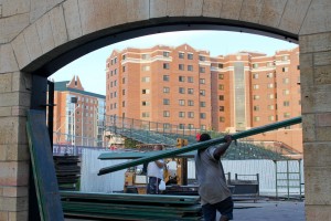 <p>A crew prepares to install extra bleachers for Saturday's Tommie-Johnnie game. (Rita Kovtun/TommieMedia)</p>