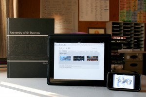 <p>The evolution of the Aquinas yearbook - from its original version (left), to the current website (middle), to the new logo for the digital magazine and app (right). (Rita Kovtun/TommieMedia)</p>