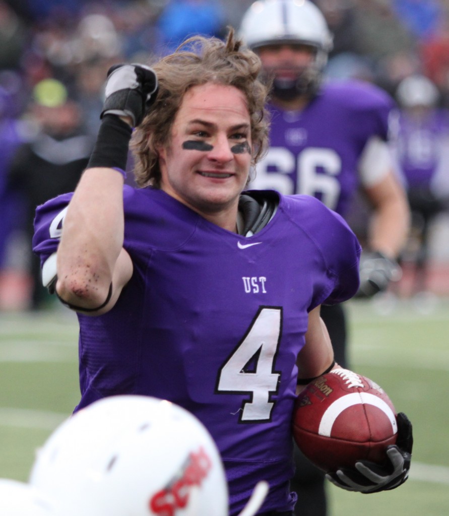 Former wide receiver Fritz Waldvogel reacts to a 15-yard roughing call against St. John's Fisher last season. Waldvogel had 146 receiving yards and two touchdowns in the game. (Alex Keil/TommieMedia) 