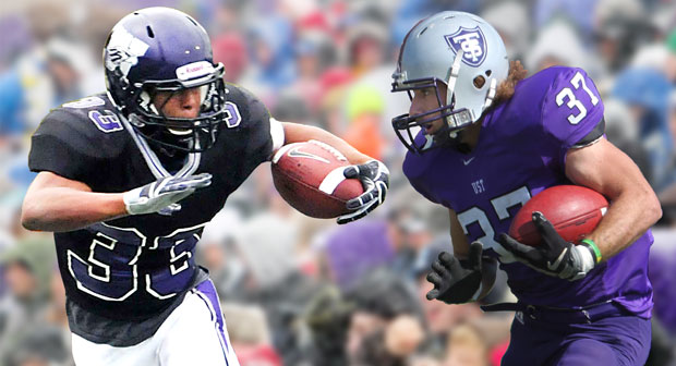 <p>Wisconsin-Whitewater's Levell Coppage, left, and St. Thomas' Colin Tobin have run roughshod over opponents in the NCAA Division III playoffs. (TommieMedia photo illustration)</p>