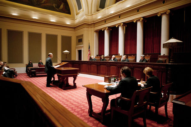 Attorney Jordan Kushner argues before the Minnesota Supreme Court on behalf of his client, former U of M student Amanda Tatro, on Wednesday, Feb. 13, at the capitol. Tatro sued the University over disciplinary actions it took after she posted comments on Facebook that administrators found threatening. (Mark Vancleave/Minnesota Daily)