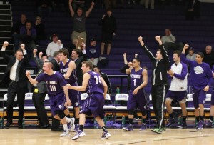 <p>The Tommie men's basketball team celebrates when the final buzzer sounds. The team defeated C-M-S  76-74 in the first round of the NCAA tournament. (Brad Curry/Special to TommieMedia)</p> 