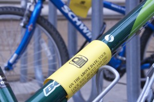 <p>Public Safety tagged these two bikes on campus by OEC. Owners have 90 days to claim their bike or it may get donated to a local bike shop. (Kristopher Jobe/TommieMedia.com)</p>