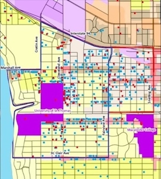 <p>An ordinance issued by the city of St. Paul could restrict the future conversion of owner-occupied housing to student rental housing. The red line is the border for the proposed district, which would be slightly larger (to the northeast) than the area defined by the blue line, where there already is a one-year moratorium on such conversions. The blue and red dots signify student-rental properties identified by St. Thomas, the city or both. (Briggs LeSavage/TommieMedia)</p> 