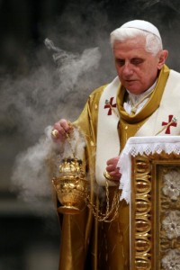 Pope Benedict XVI attends the Easter Vigil mass in the Basilica of St. Peter, April 7, 2007 in Vatican City. The Vatican commissioned celebrity perfume maker Silvana Casoli to invent a cologne for the pope. (Courtesy of Getty Images)