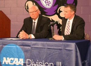 Athletic director Steve Fritz announces Monday that John Tauer will be the new men's basketball coach. Tauer was the interim head coach last season. (Briggs LeSavage/TommieMedia)