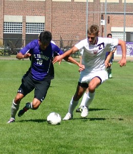 <p>Junior forward Nick Rapisarda powers up the field. Rapisarda's goal against the Cougars solidified his team's second shutout this season. (Meg Thompson/TommieMedia) </p> 