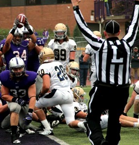 <p>Freshman running back Jack Kaiser pushes through the Royal defense late in the fourth quarter on Saturday, Oct. 13. Kaiser carried the ball eight times for 61 yards. (Rosie Murphy/TommieMedia)  </p> 