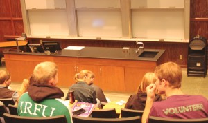 <p>Students discuss and study with each other before class starts in the John Roach Center. Cases of lower-level cheating have been found in Stuyvesant High School in New York City. (Bjorn Saterbak/TommieMedia)</p> 