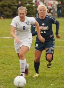 <p>Sophomore midfielder Nicole Lenz fights to keep the ball from senior forward Shyla Gilbertson. St. Thomas defeated Wisconsin-Eau Claire 1-0 Wednesday, Oct. 17. (Ali Stinson/TommieMedia)</p> 