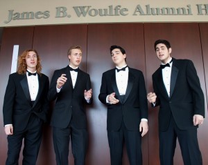 <p>(From left to right) Freshmen Michael Gaytko, Nick Dedolph, Ben Dymit and Enan Zelinski perform a song outside of James B. Woulfe Alumni Hall. After discovering their passion for singing earlier this year, the students formed a barbershop quartet. (Tarkor Zehn/TommieMedia)</p> 