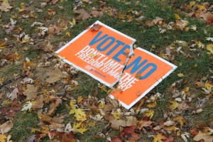 121028_political_signs_full <p>A "Vote No" sign lies torn in half in a lawn close to Cretin Avenue in St. Paul, Minn. St. Thomas Neighborhood Liason said neighbors have been placing blame on St. Thomas students. (Laura Landvik/TommieMedia.com)</p>