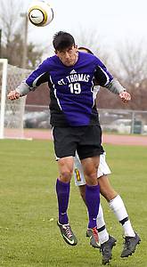 121109_RAPISARDA_ <p> Forward Nick Rapisarda, St. Thomas' leading scorer, wins a header in the first half of the MIAC playoff semifinals against Gustavus. Rapisarda won MIAC Player of the Year honors Thursday. (Meg Thompson/TommieMedia) </p>