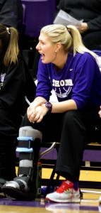 All-American center Maggie Weiers cheers on her teammates from the sidelines. After tearing her Lisfranc ligament, Weiers is out for the season. (Sean Crotty/TommieMedia)