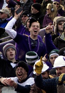 Fans celebrate St. Thomas' win over Wisconsin-Oshkosh Saturday. Family members, alumni and students will be able to board a charter plane Thursday and will fly back after the game Friday. (Rosie Murphy/TommieMedia)