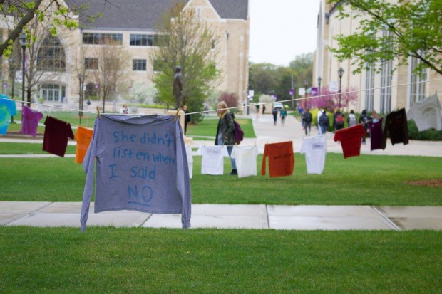 Shirts hang on the quad in April as part of the Clothesline Project, which is meant to raise awareness of sexual assault. The shirts are color-coded to show the form of abuse and whether the victim survived the abuse they experienced. (Meghan Vosbeek/TommieMedia file photo) 