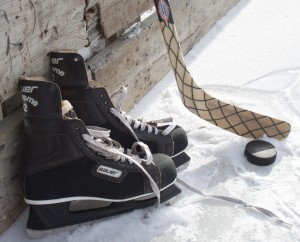 <p>Hockey equipment sits on the ice at Groveland Park near St. Thomas on Wednesday. Some members of the St. Thomas men's rugby club will be participating in the second annual Jack Jablonski Junior Bronze Pond Hockey Tournament on Jan. 27 to benefit the Jack Jablonski Believe in Miracles Foundation. (Gabrielle Martinson/TommieMedia)</p>