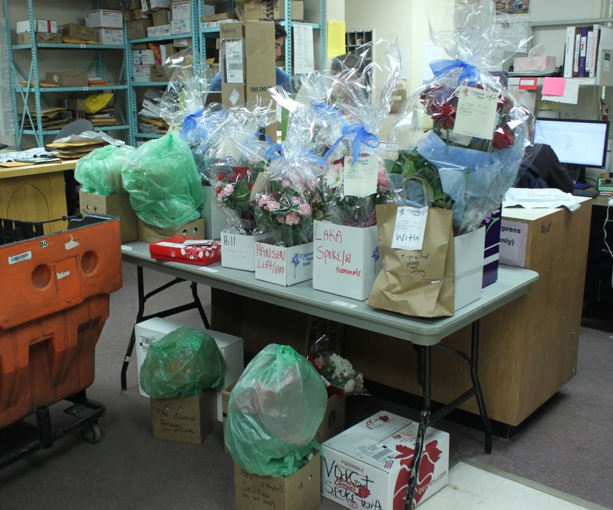 Flowers and packages are stored in the St. Thomas mailroom for Valentine's Day. Mail Services received about 600 packages in the past two days. (Bjorn Saterbak/TommieMedia) 