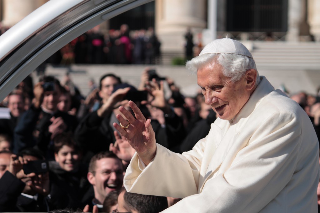 <p>Pope Benedict XVI's waves in one of his final moments during his last audience in front of an estimated 150,000 people at his final general audience in St. Peter's Square Wednesday. Junior Brandon Miranda is studying abroad in Rome and attended the audience. (Photo courtesy of Brandon Miranda)</p> 