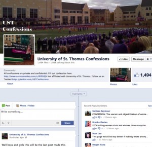 University of St. Thomas Confessions displays its final post. The Facebook page and Twitter account were shut down Thursday.