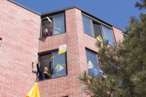 The St. John Vianney seminarians celebrate Pope Francis' election March 13. In 2005, some seminarians got in trouble for climbing onto the roof of their dorm. (Kayla Bengtson/TommieMedia)