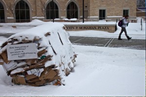 As part of RecycleMania (a national competition) a bale of cardboard with a $50.00 incentive sits outside of the Anderson Student Center's Monahan Plaza. (Alison Bengtson/TommieMedia)