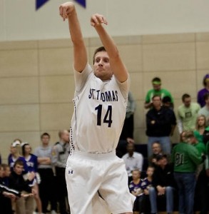 Guard Will DeBerg takes a shot in the Sweet 16 game against Calvin College (Mich.). DeBerg leads the Tommies in scoring with 12.5 points per game. (Andrew Stafford/TommieMedia) 