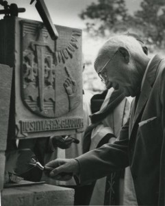 I. A. O'Shaughnessy placing the cornerstone on the O'Shaughnessy Library (later part of the O'Shaughnessy-Frey Library Center) at the College of St. Thomas in 1959. His legacy at St. Thomas is storied. (Photo courtesy of University Archives Photograph Collection)
