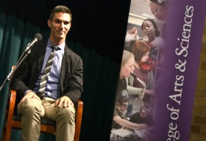 National Public Radio journalist Ari Shapiro speaks at the O'Shaughnessy Educational Center Auditorium Monday evening. Shapiro answered questions about his experiences as a journalist and his future career plans throughout the dialogue. (Morgan Neu/TommieMedia) 