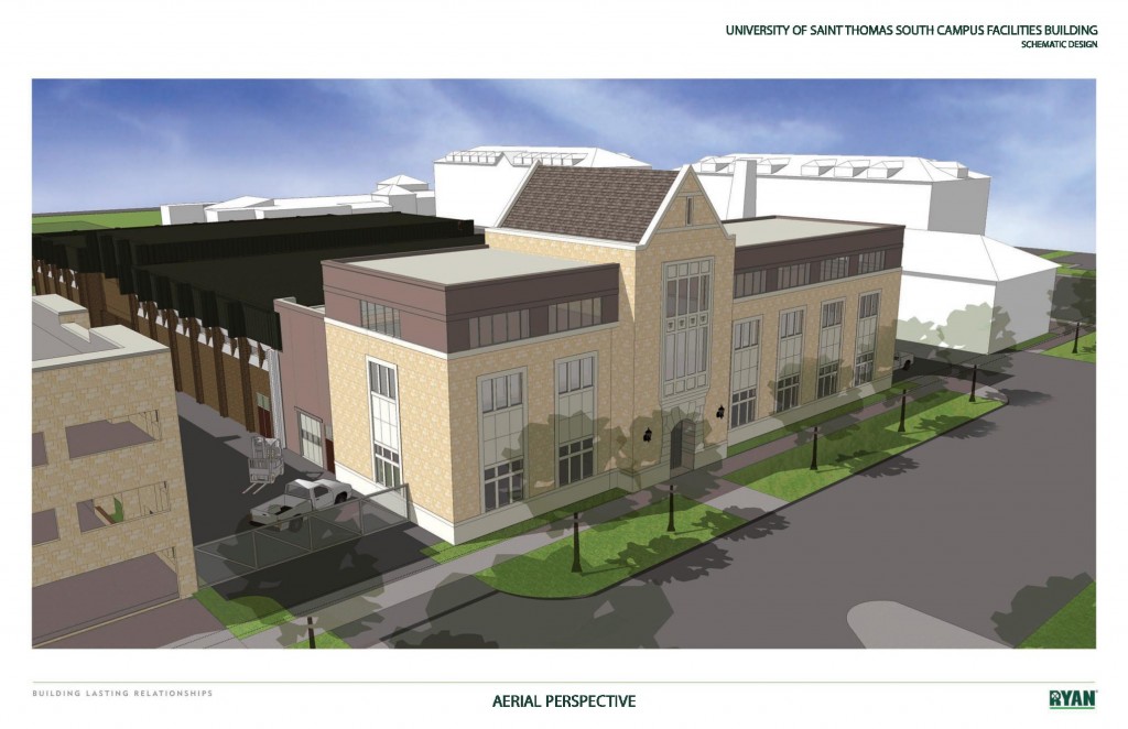 An aerial perspective shows where a new building to be used for Physical Plant and engineering projects will sit on South Campus.The 28,000-square-foot building will be competed by next fall. (Photo courtesy of University Relations) 