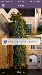 A shot of the St. Thomas campus is the home screen for the new app. USG and IRT have collaborated to produce an app that further connects the St. Thomas community. (Simeon Lancaster/TommieMedia)