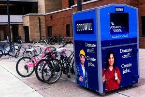 One of 29 Goodwill donation boxes scattered around campus stands outside of Morrison Hall. The boxes are part of a program called Give and Go where Goodwill collaborates with colleges to get donations. (Stephanie Dodd/TommieMedia)