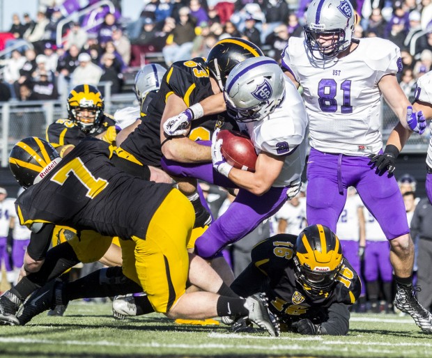 Wide receiver Nick Waldvogel clutches the ball with an iron grip as he goes down just yards away from the Gustavus end zone. The Tommies lead the Gusties 28-6 at halftime Saturday. (Andrew Brinkmann/TommieMedia)  