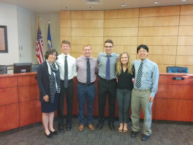 The students traveled to Delano, Minn. to present semester long projects aimed to improve the city’s energy efficiency. From left to right: Professor Monica Hartmann, Joshua Schoettmer, Kyle Andrews, Will Goodwin, Abby Starr and Professor Matthew Kim. (Photo courtesy of Elise Amel)