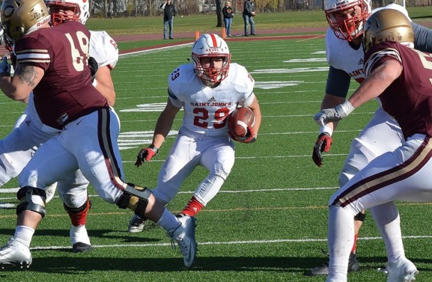 St. John's running back Dusty Krueger looks for an opening Saturday against Concordia. Krueger gained 175 yards in the Johnnies' victory. (www.gojohnnies.com)