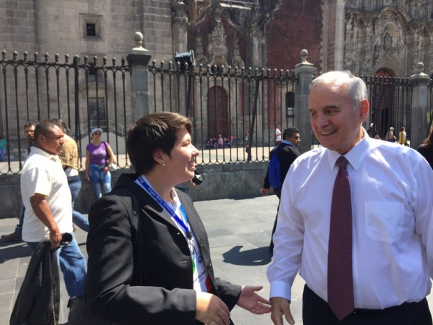 Junior Anna Kate Nolan chats with Governor Mark Dayton in front of the Mexico City Metropolitan Cathedral. Nolan spoke to Mexican students about going to college in Minnesota as a student ambassador at the Governor's Trade Mission. 