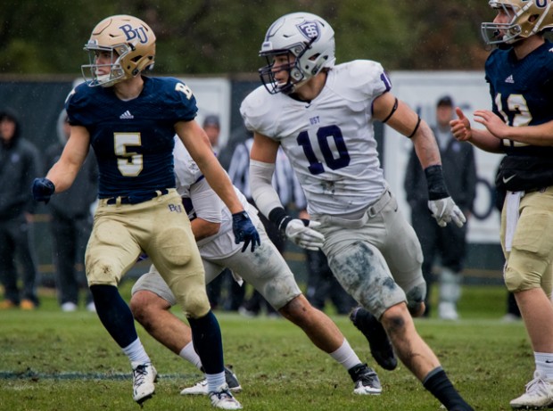 St. Thomas linebacker Adam Brant follows the ball. The Tommies held a 7-0 halftime score against Bethel Saturday afternoon. (Carlee Hackl/TommieMedia) 