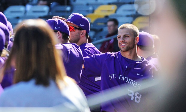St. Thomas took on Hamline in the MIAC Baseball Playoffs Friday in Cold Spring. The Tommies fell to the Pipers 4-7, but they could still earn an at-large bid for regionals. (Carlee Hackl/TommieMedia) 