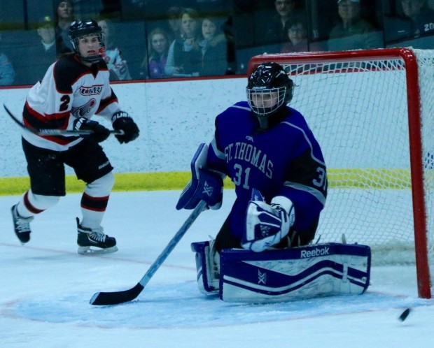 Goalie Kenzie Torpy blocks a shot in the Tommies' last game of the season against River Falls. Torpy was one of 11 freshmen on the team. (Natalie Hall/TommieMedia)  