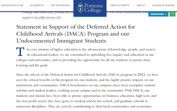 A portion of the Pomona College petition webpage is seen.  The petition in favor of the Deferred Action for Childhood Arrivals program has garnered more than 580 signatures by university presidents. 
