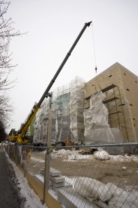 <p>Construction pushes forward, including putting up new brick and stone on the Anderson Athletic and Recreation Complex. (Josh Kleven/TommieMedia)</p>