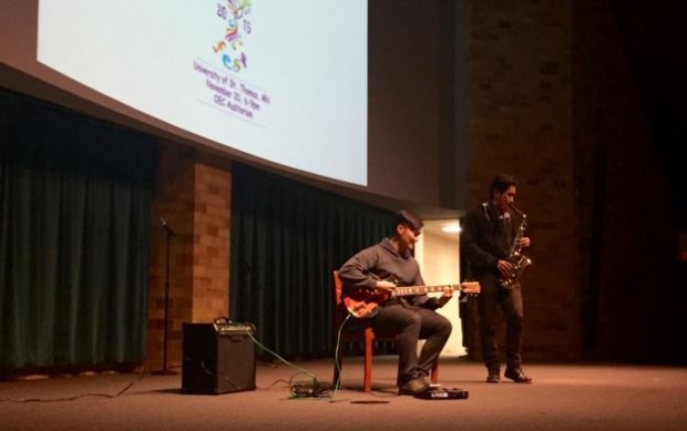 Two St. Thomas students perform songs for the Culture Fest audience. This year nine groups participated in the celebration. (Maya Shelton-Davies/TommieMedia)